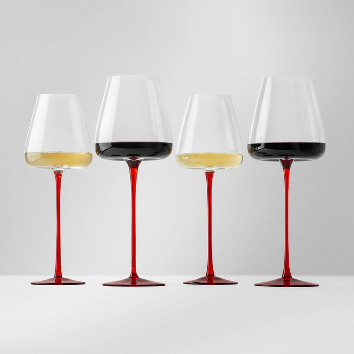 Kit Duo Taças de Vinho Cristal Colorido Máxima 900ml e 600ml Haste Vermelha 4 Peças