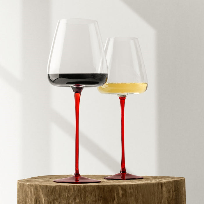 Kit Duo Jogo de Taças de Vinho Cristal Colorido Coleção Máxima 900ml e 600ml Haste Longa Vermelha 4 Peças